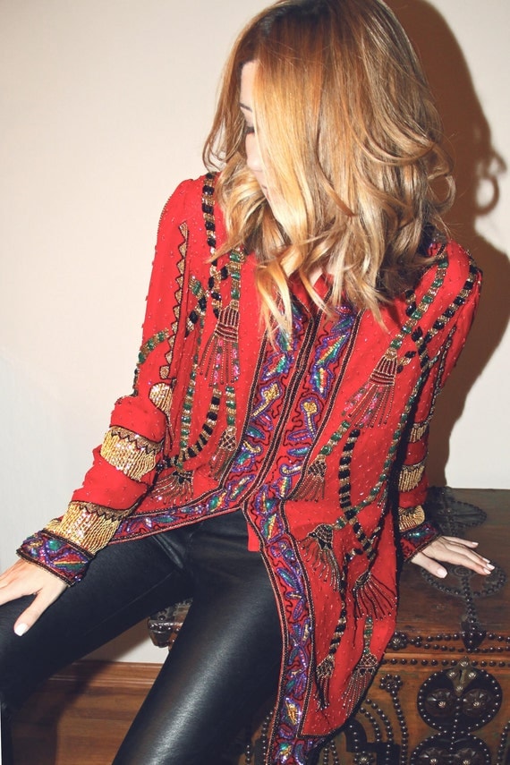 Red Beaded Jacket with Multicolor Beaded Design