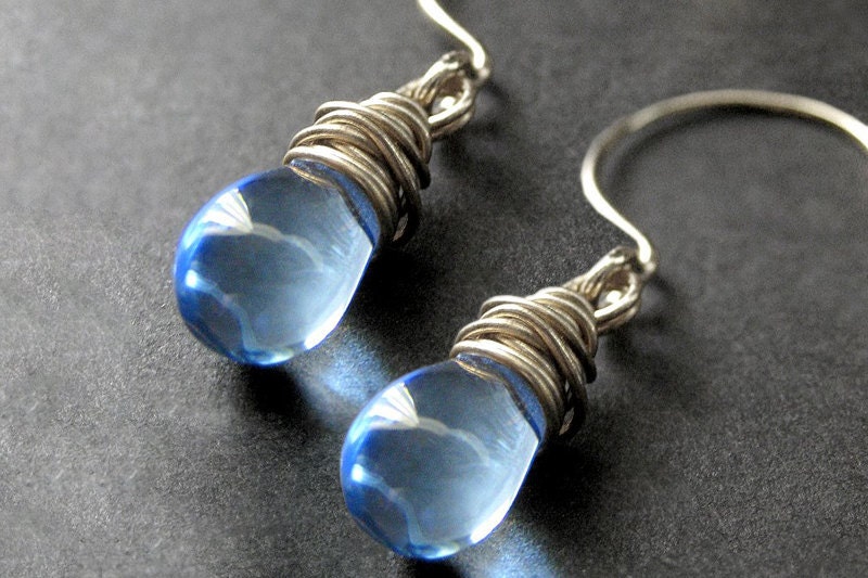 Wire Wrapped Earrings - Sky Blue Clear Teardrop Earrings in Silver. Handmade Jewelry.