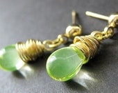 Drop Earrings : Gold Wire Wrapped Mountain Dew Colored Teardrop Stud Earrings. Handmade Jewelry.