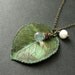 SUMMER SALE - Leaf Necklace Charm Necklace in Green with Wire Wrapped Teardrop and Fresh Water Pearl. Handmade Jewelry.