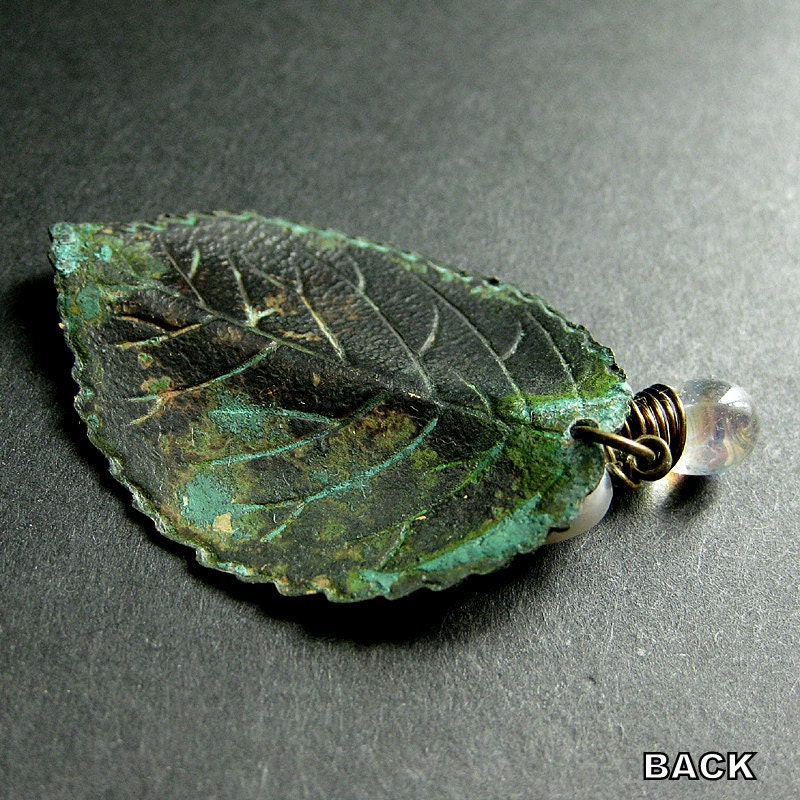 SUMMER SALE - Leaf Necklace Charm Necklace in Green with Wire Wrapped Teardrop and Fresh Water Pearl. Handmade Jewelry.