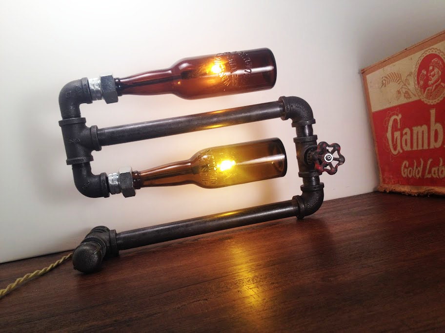 Industrial Desk Lamp - Beer Bottle Light - Black Iron Pipe - Industrial Lighting - Steampunk Lamp