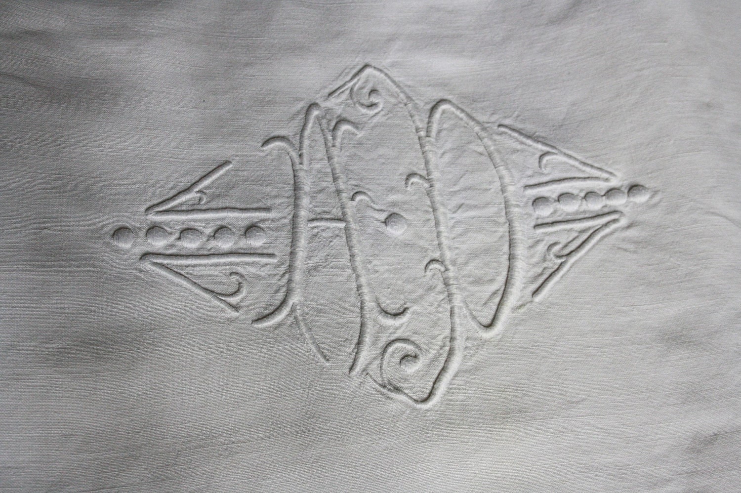 reserved, french vintage linen sheet, hand embroidered , monogram and flowers, ladder work, heavy linen
