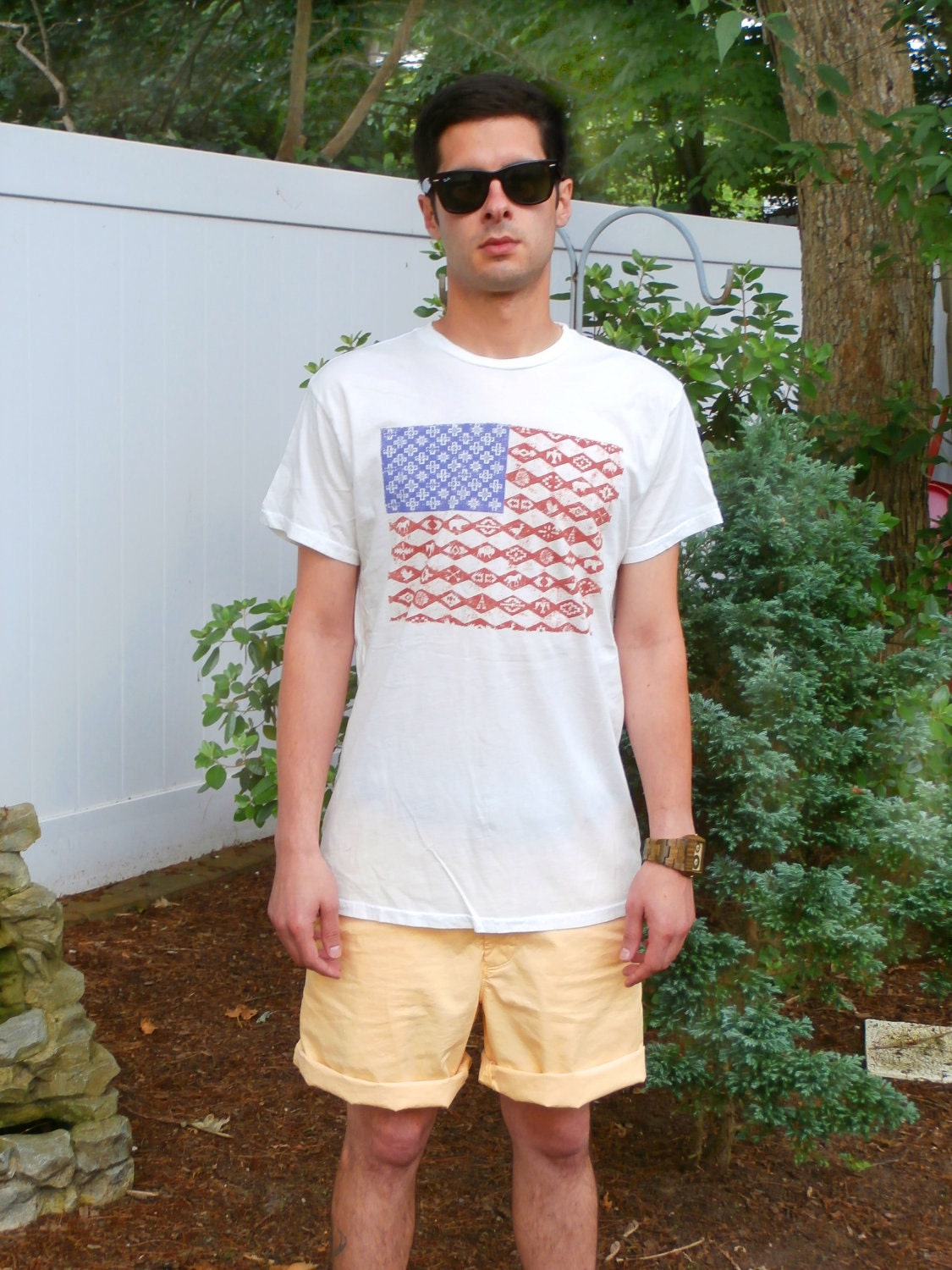 Mens Tee Tshirt American Flag United States America Vintage American Southwest Aztec Indian Native American Navajo USA Americana Size Medium