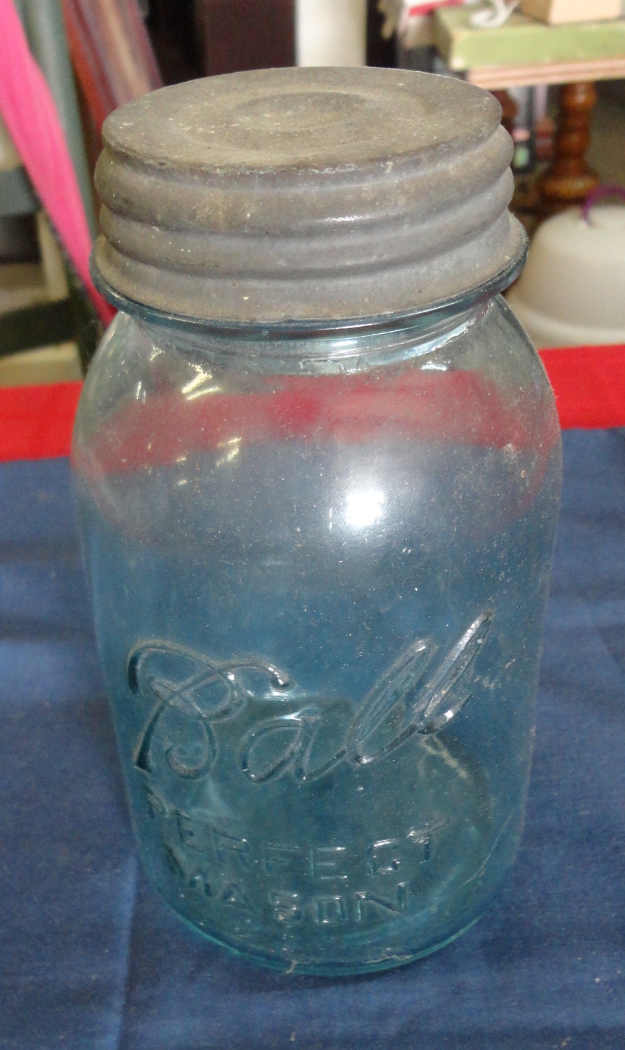 Vintage Large Blue Ball Perfect Mason Jar with 1 Piece Metal Lid