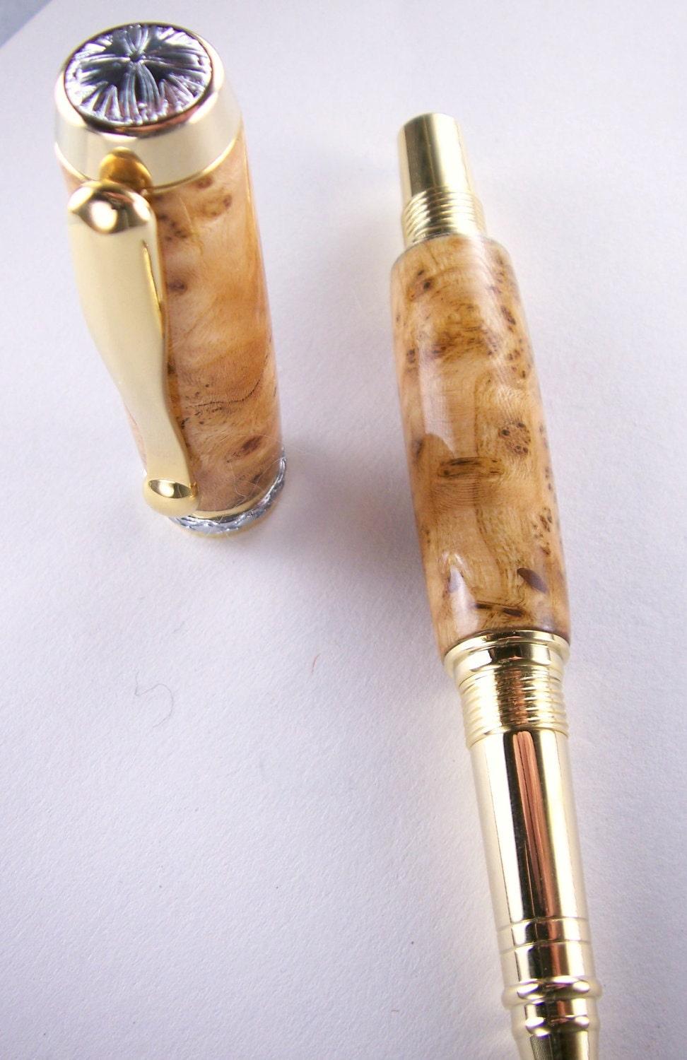 Hand Turned Wooden Pen Handcrafted Black Ash Burl and Gold Hardware and Chrome Accents 202H