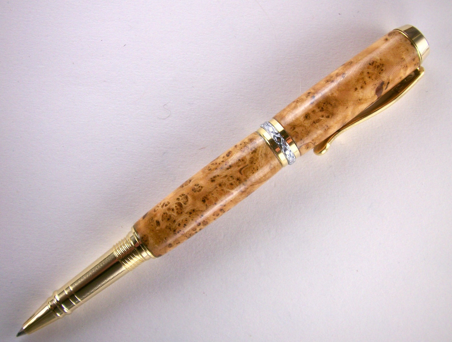 Hand Turned Wooden Pen Handcrafted Black Ash Burl and Gold Hardware and Chrome Accents 202H