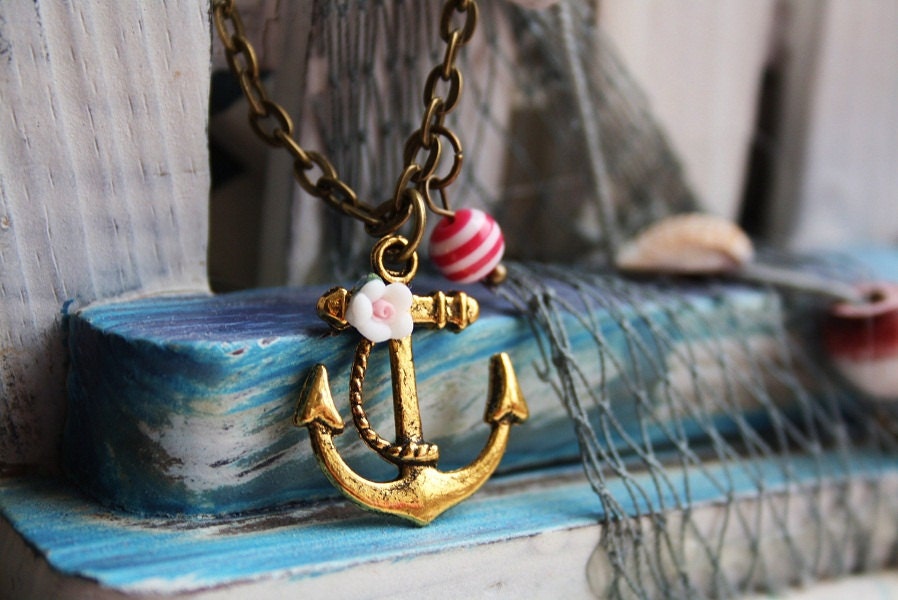 Antique anchor rose pendant necklace, vintage nautical charm, flower, retro bronze jewellery , gold tone accessory