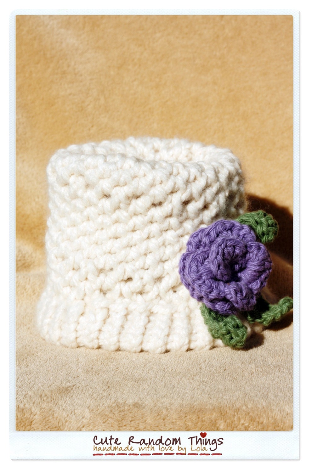 Elegant lady with purple flower - Knitted baby hat