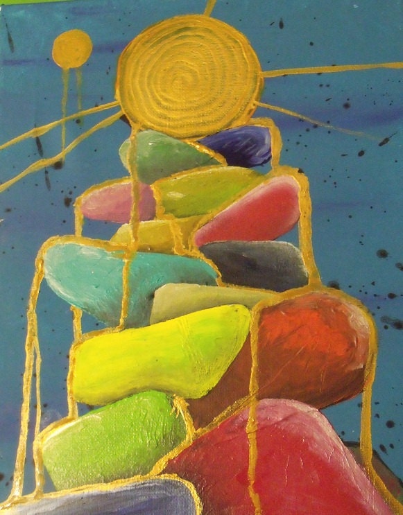 Golden Waters - Abstract, Surreal, Colorful, Vibrant, Neon, painting, acrylic.