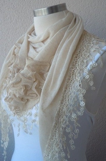 Ivory Handmade Turkish Shawl- Scarf-Fringe Lace -Spring Fashion-Wedding Gown-Turkish handknit Crochet-2012 Shawl Trends-Wedding Favor