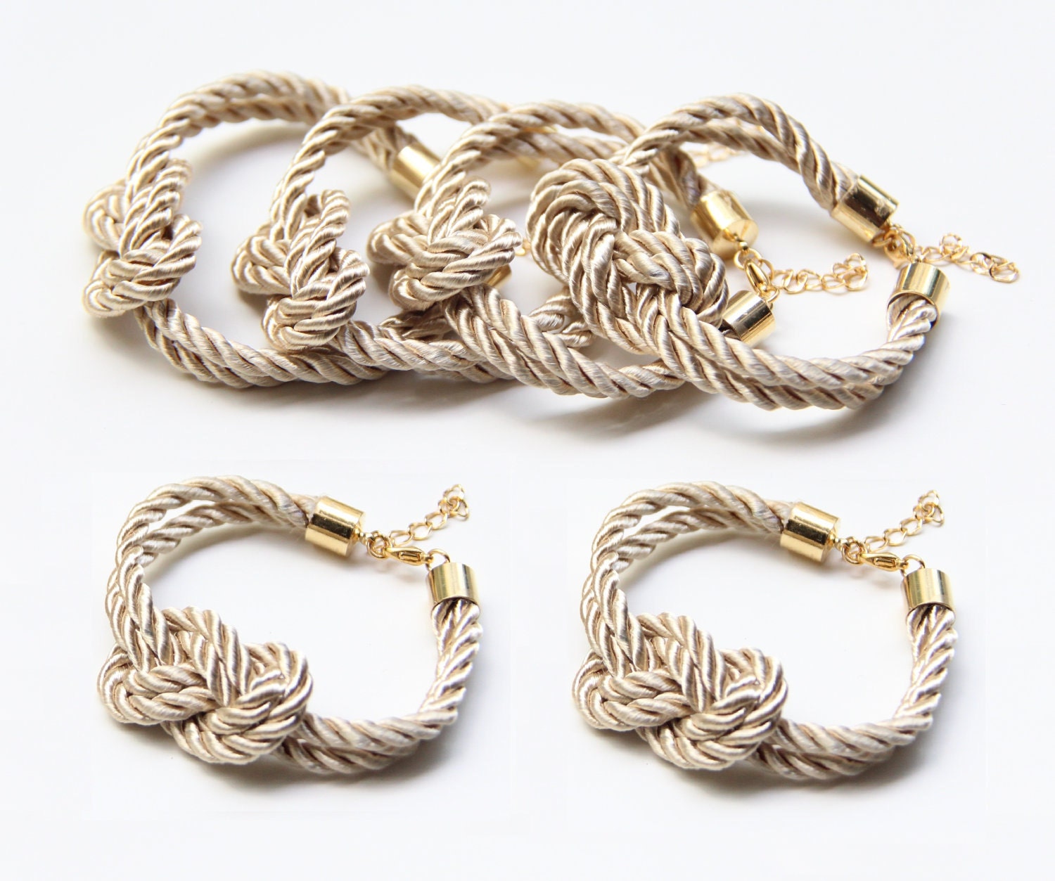 Bridesmaid gift set - Knot Bracelet Set of 6 - Beige silk cord Knot Bracelet - 24k gold plated