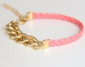 ON SALE: Christmas gift - Arm Candy - Gold chunky chain with pink leather braid Bracelet - 24k gold plated