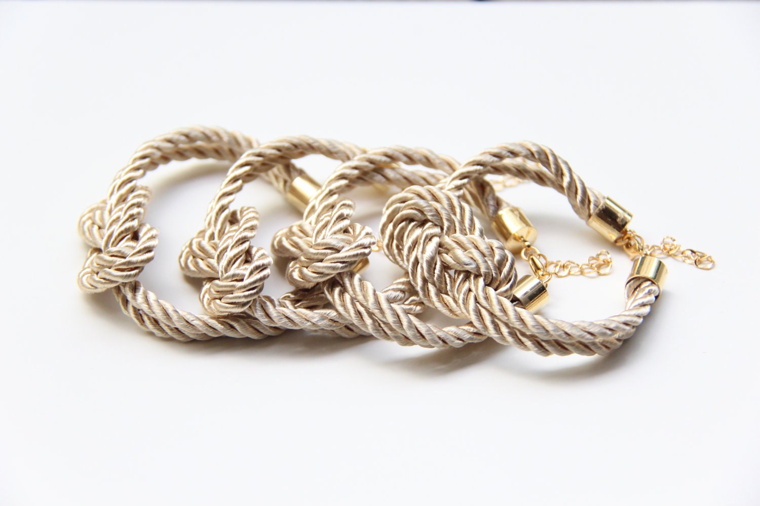 Bridesmaids gifts Set of 4 - Beige silk cord Knot Bracelet  - 24k gold plated