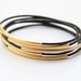 Set of 5 Black leather Bangle Bracelets with gold bars - 24k mate gold plated