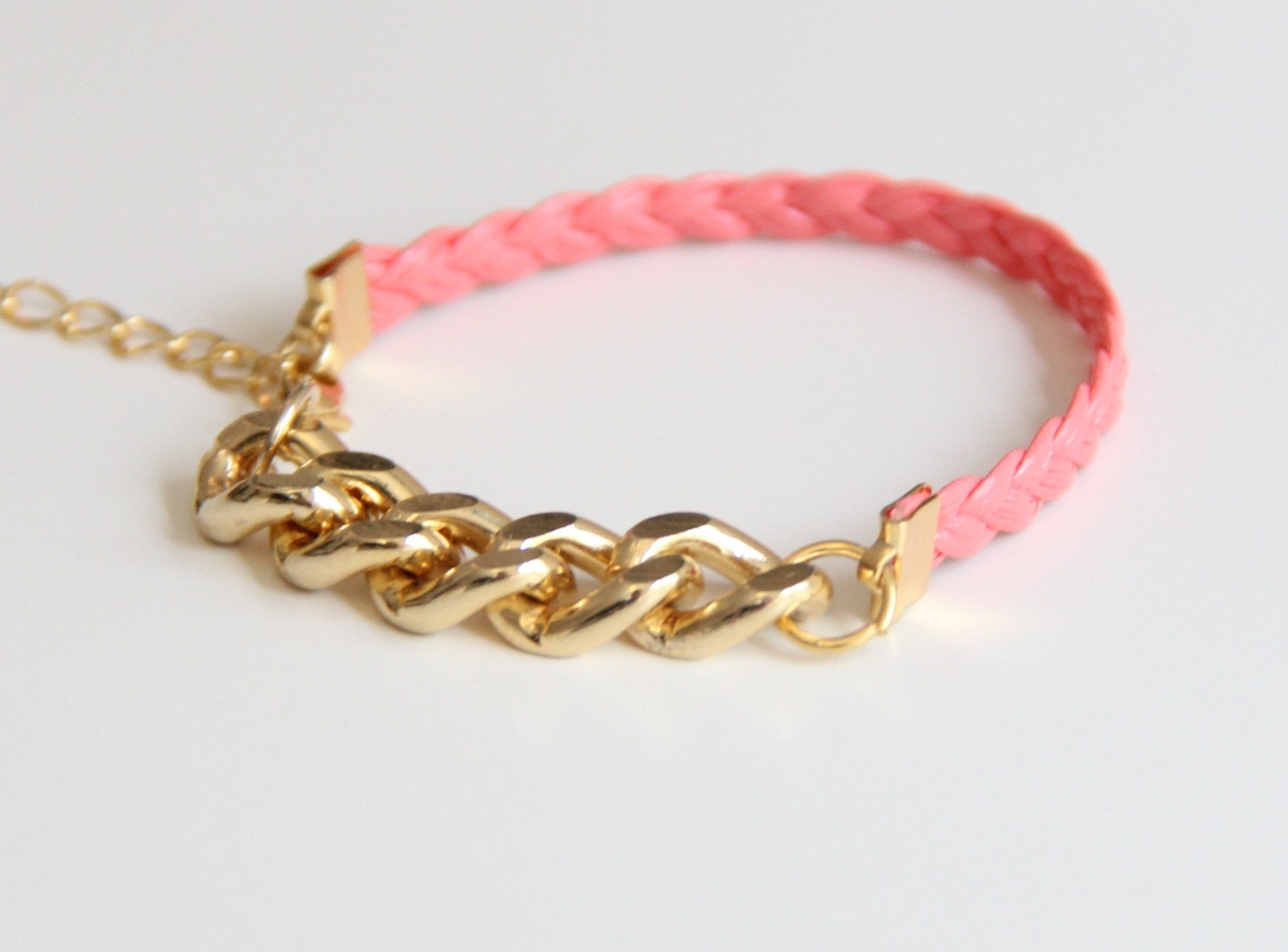 Pink Arm Candy - Gold chunky chain with leather braid Bracelet - 24k gold plated