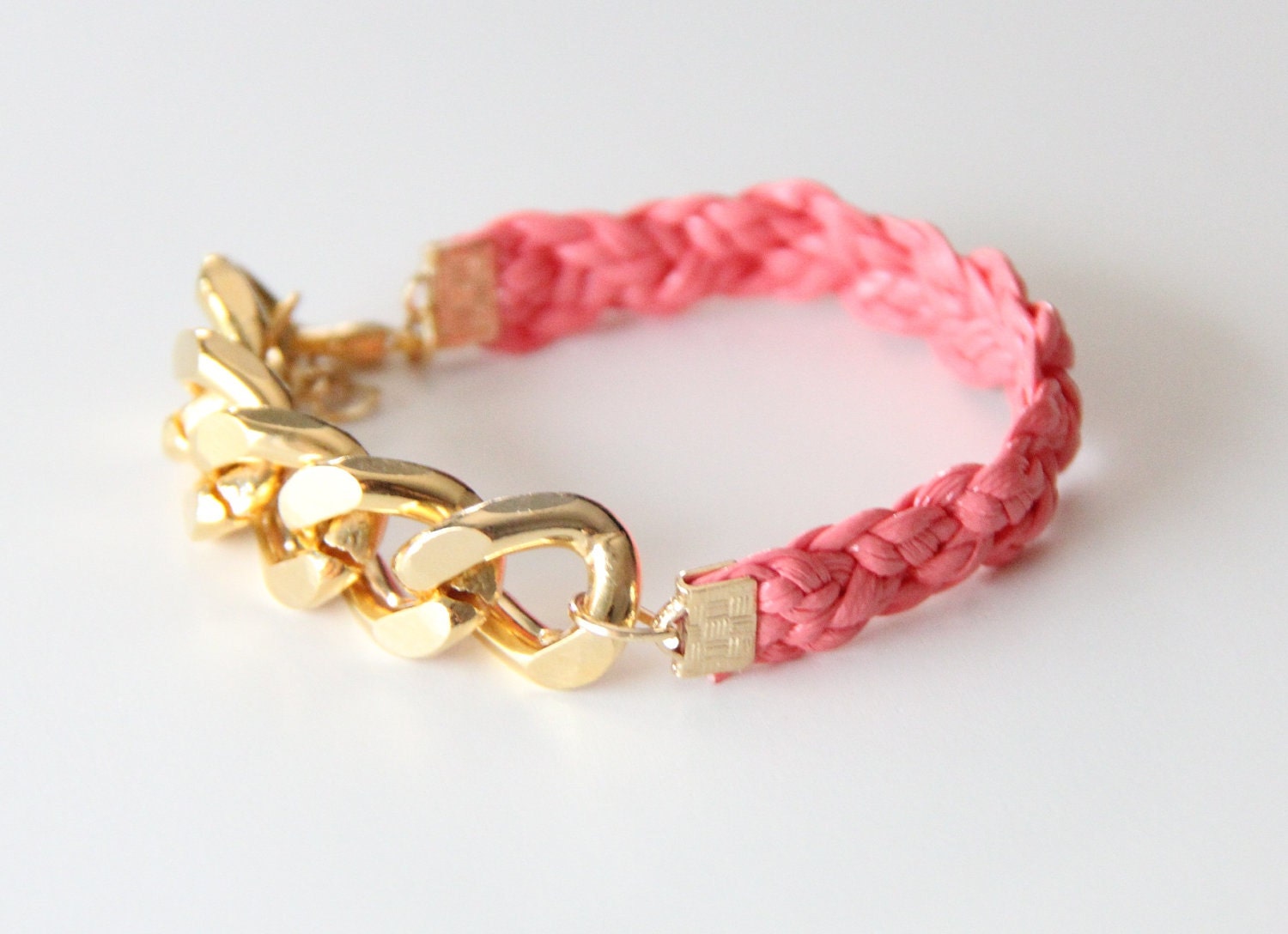Set of 2: Gold Extra chunky chain with Pink leather braid Bracelet - 24k gold plated