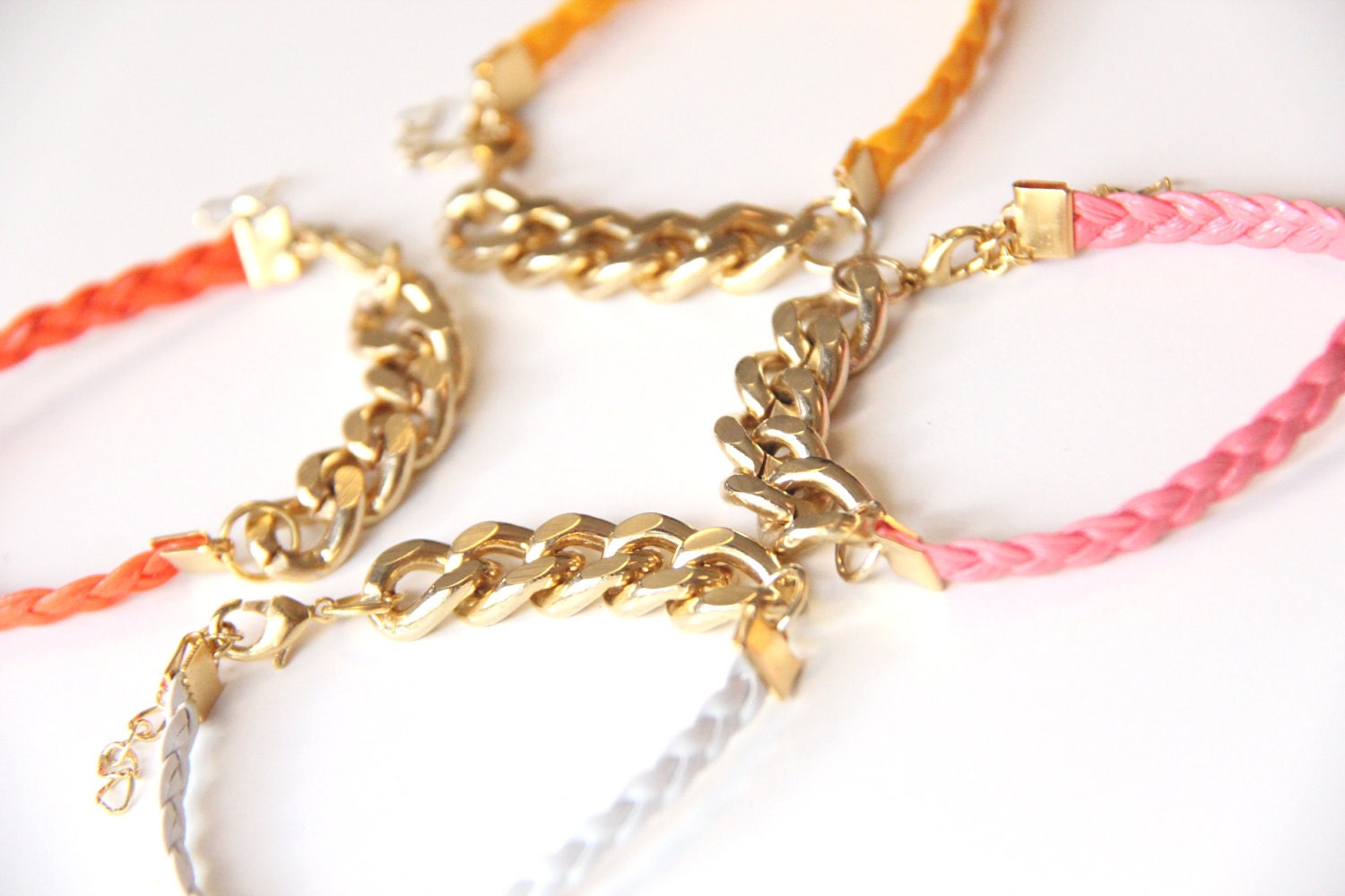 ON SALE: Arm Candy - Gold chunky chain with White leather braid Bracelet - 24k gold plated