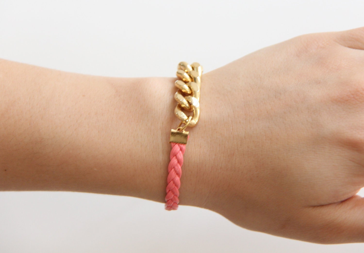 ON SALE: Arm Candy - Set of 2 - Gold chunky chain with leather braid Bracelet - 24k gold plated
