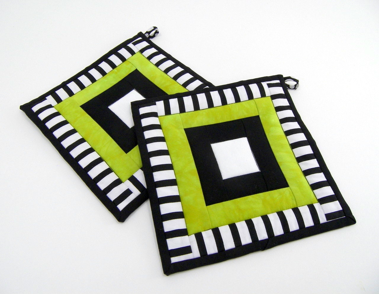 Fabric Hot Pads - Chartreuse Green, Black and White Quilted Pot Holders