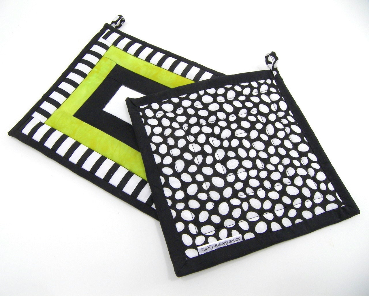 Fabric Hot Pads - Chartreuse Green, Black and White Quilted Pot Holders