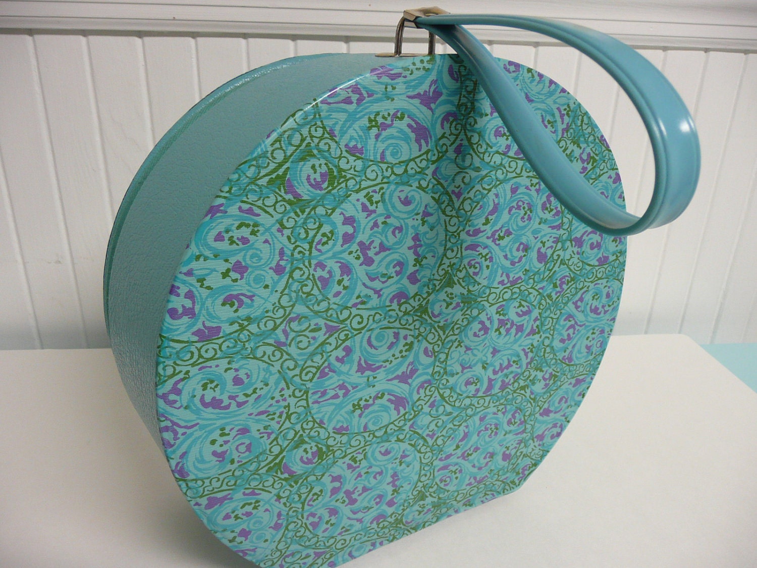 RESERVED 1960s Round Shaped Turquoise Suitcase, Repurposed Hair Dryer Case - Vintage Travel Trailer Decor