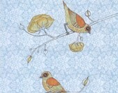 Bird art print yellow and orange roses on vintage blue floral background 8x10