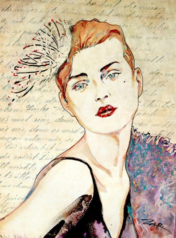 Fashion illustration portrait print vintage art print watercolor painting 8" x 10"