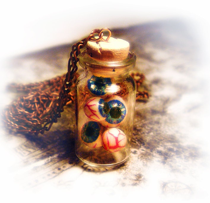 Eyeballs in a bottle necklace, creepy, weird, horror, psychobilly jewelry