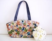 Vintage 70s crewel embroidery handbag/ grey micro suede back/ multicolor abstract floral patterns/ blues greens pastels beige lavender