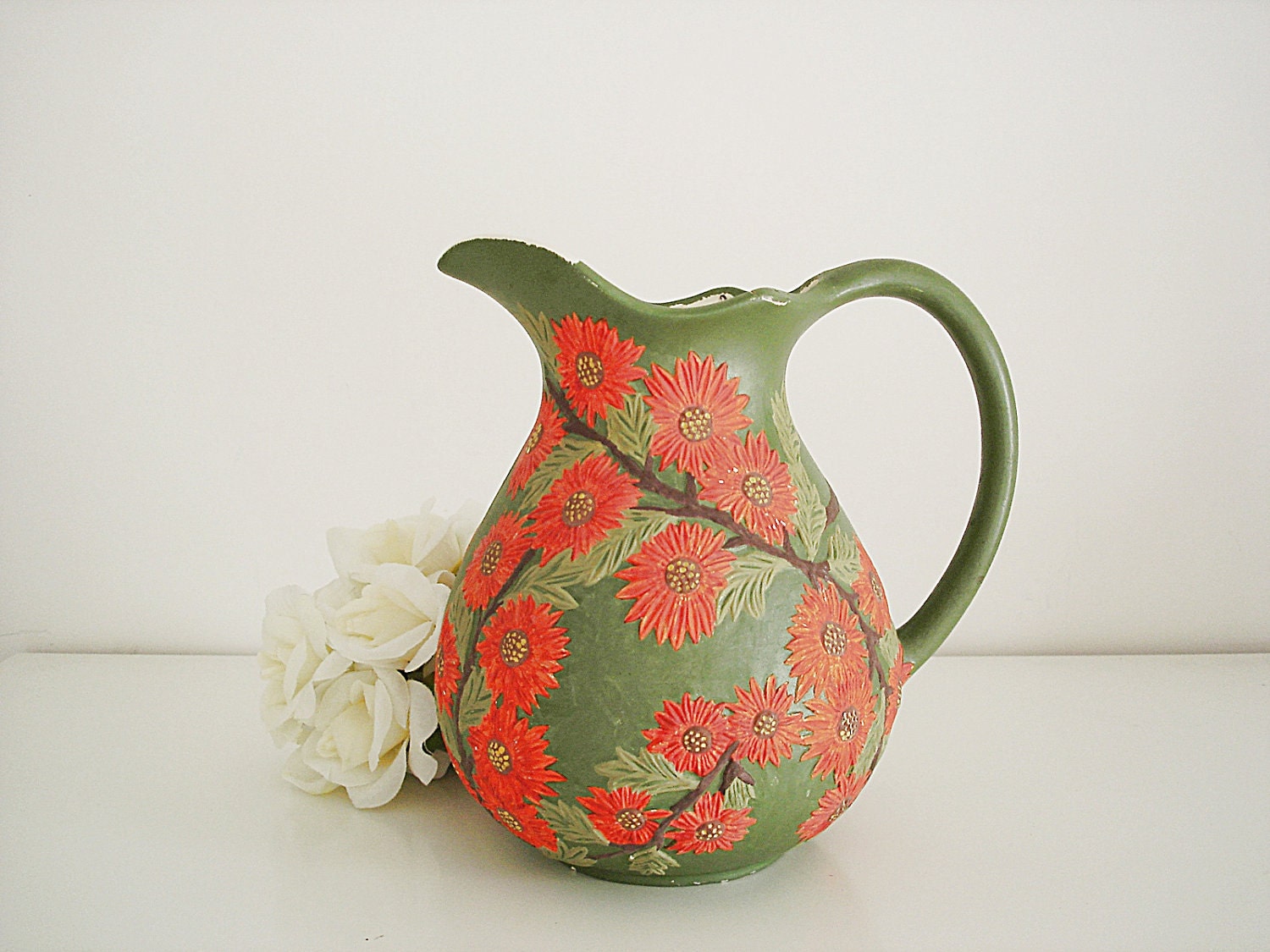 Vintage 1970s ceramic pitcher/ hand painted red sunflowers on green/ vintage vase/ raised texture/ spring for the home