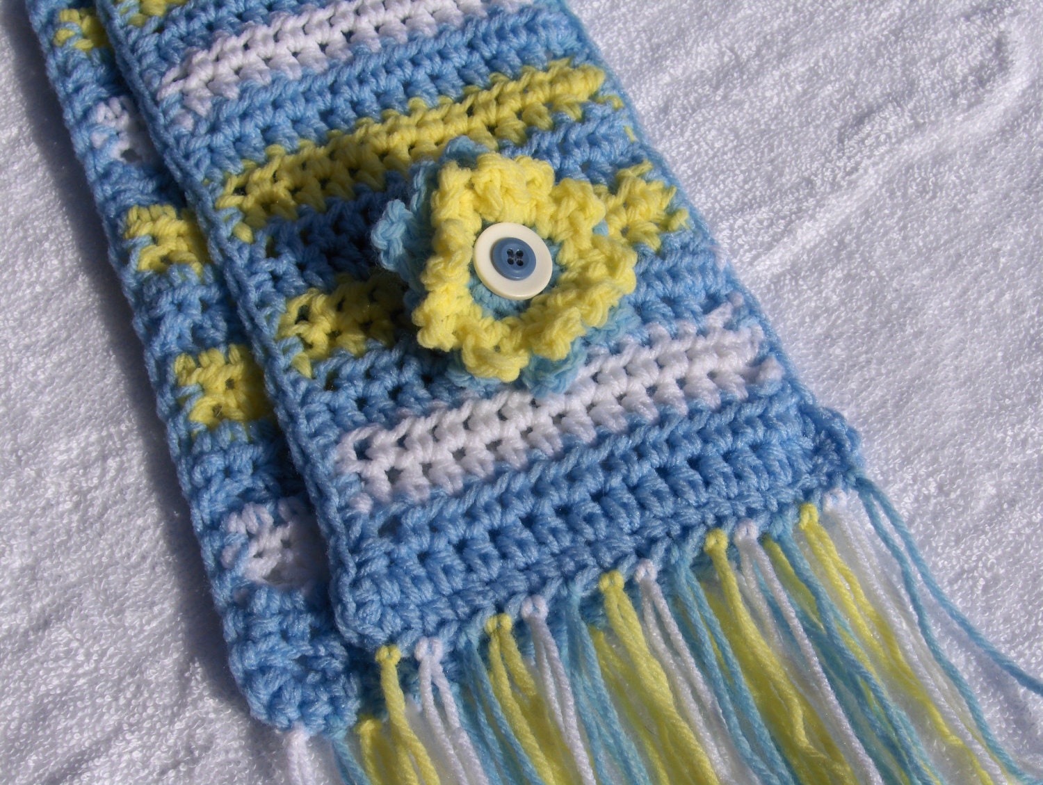 Little girl scarf in sky blue, yellow, and white