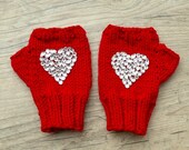 Red knit mittens with heart rhinestones