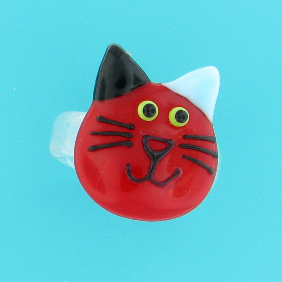 cat ring - handmade lampwork glass rings - cherry red - cat jewelry