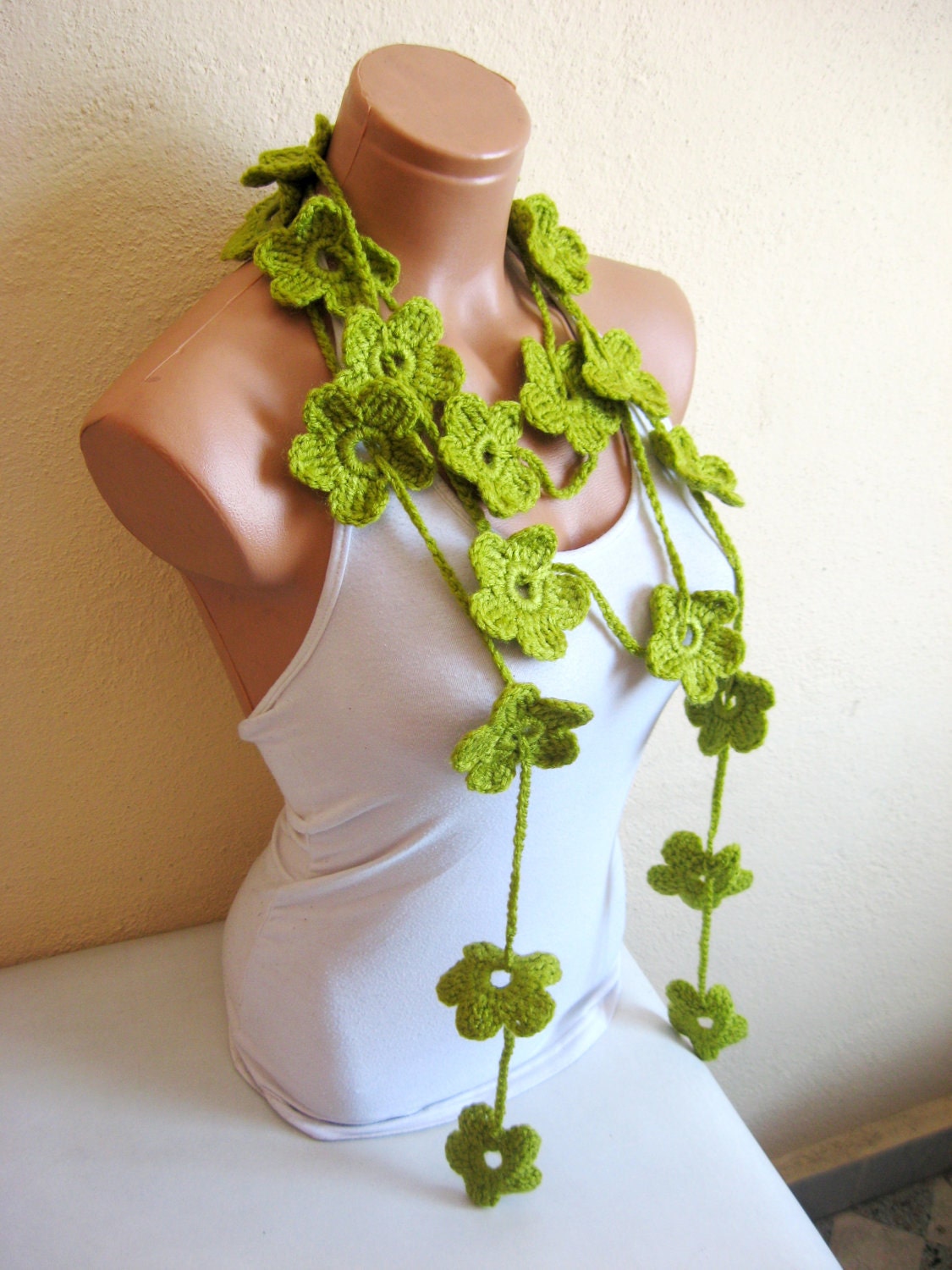 Hand made green crochet Scarf,Olive Green Flower Lariat Scarf. Fashion Flower Scarves, Necklace...