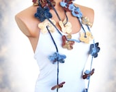 Hand made crochet Blue Brown Cream Flower Lariat Scarf. Fashion Flower Scarves, Necklace...