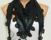 black Scarves. Turkish Fabric Fringed Guipure Scarf ..bandana,headband,wedding,bridal,authentic, romantic, elegant,