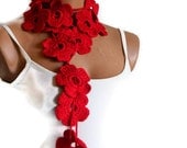 Crochet Red Rubby Flower Lariat Scarves, Fashion Flower Scarves, Necklace... summer scarf SALE.