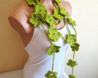 Hand made green crochet Scarf,Olive Green Flower Lariat Scarf. Fashion Flower Scarves, Necklace...