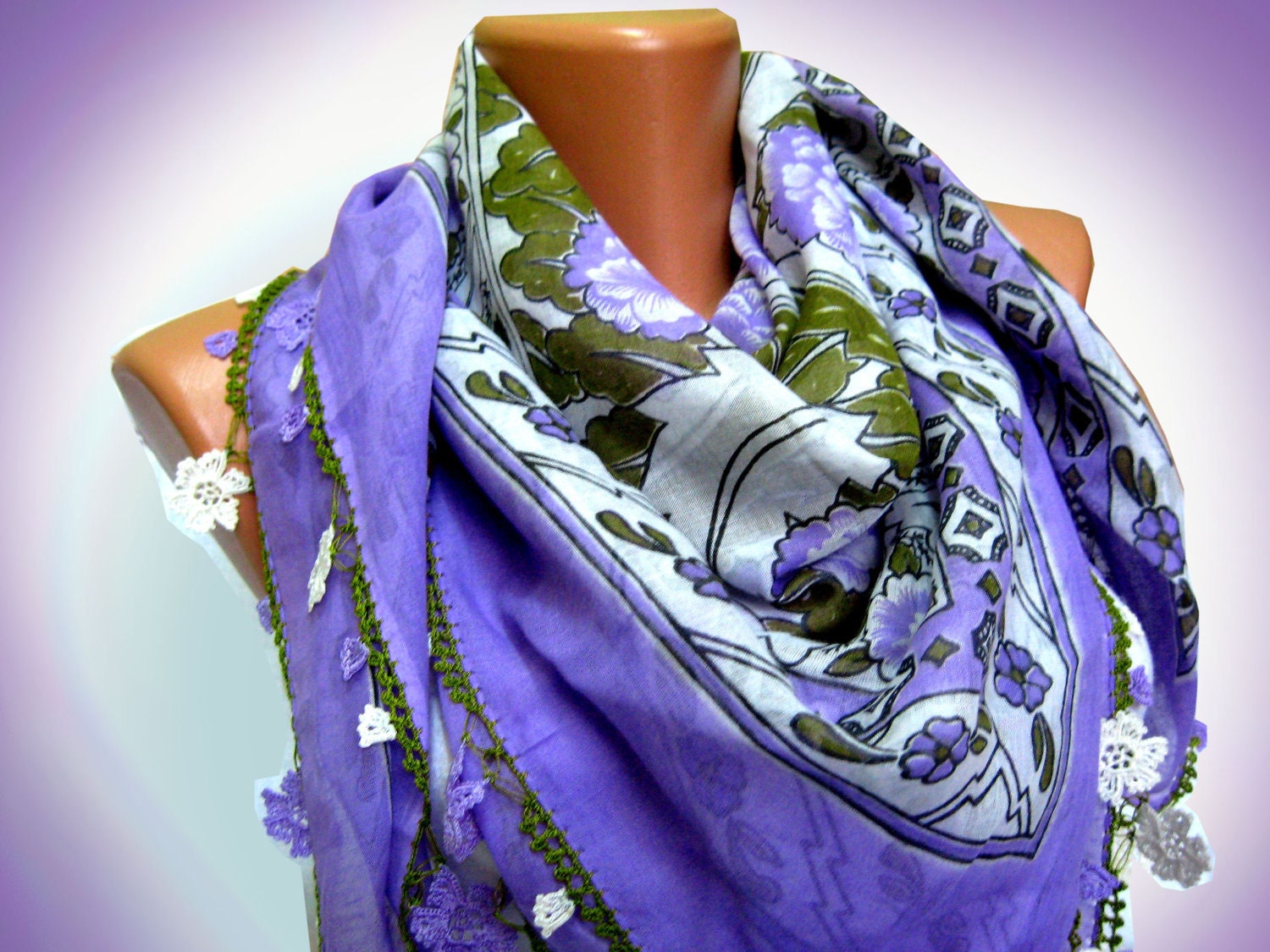 Lilac amethyst, white, green, Turkish Yemeni OYA Scarf ..bridal,scarf,authentic, romantic, elegant, fashion, personalized design...