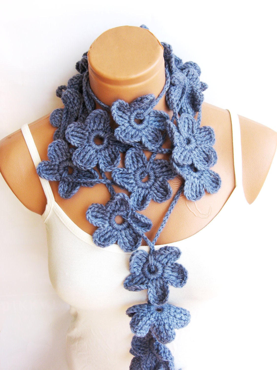 Pastel Blue Hand made crochet Flower Lariat Scarf. Fashion Flower Scarves, Necklace...
