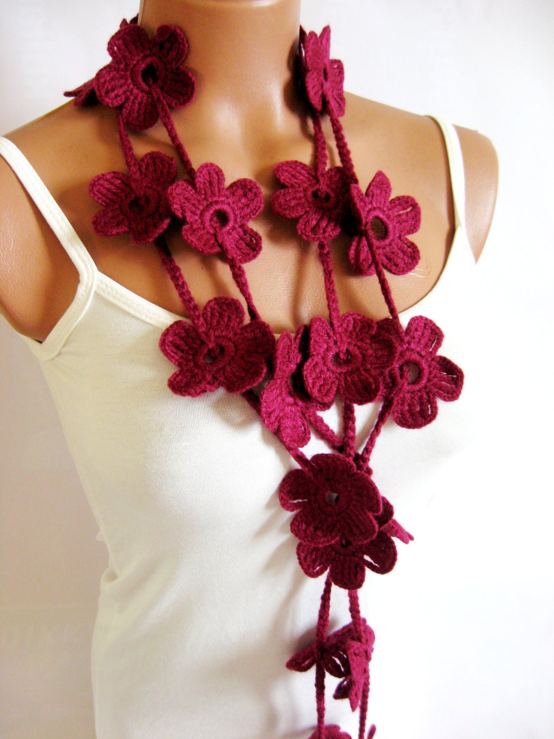Crochet Burgundy Flower Lariat Scarf. Fashion Flower Scarves, Necklace... Lariat scarf for 2012...