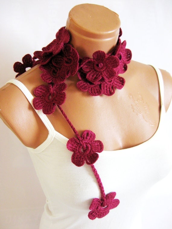 Crochet Burgundy Flower Lariat Scarf. Fashion Flower Scarves, Necklace... Lariat scarf for 2012...