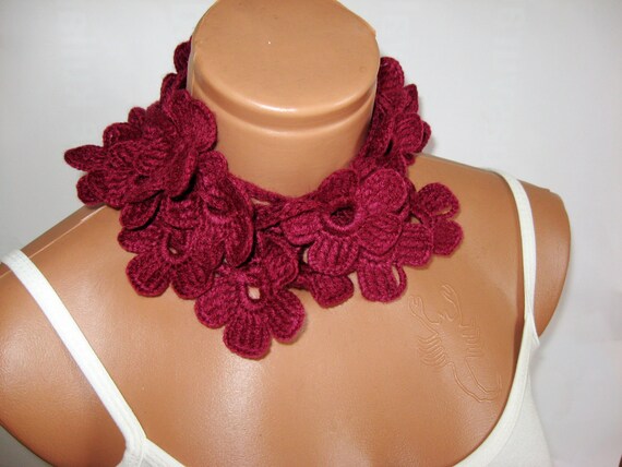 Crochet Burgundy Flower Lariat Scarf. Fashion Flower Scarves, Necklace... Lariat scarf for 2012...
