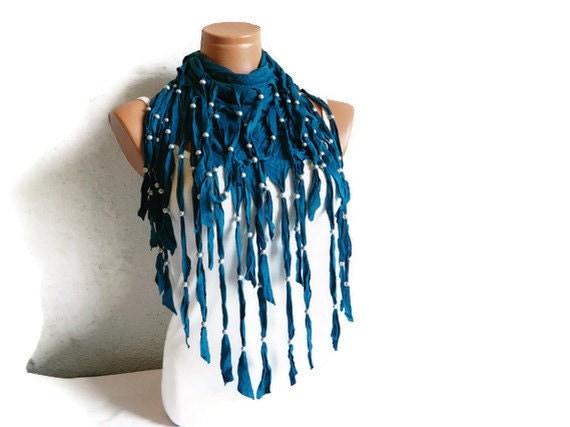 Teal Blue Fabric Fringed Scarf with Beads, Woman Scarves, Scarf, Accessory,