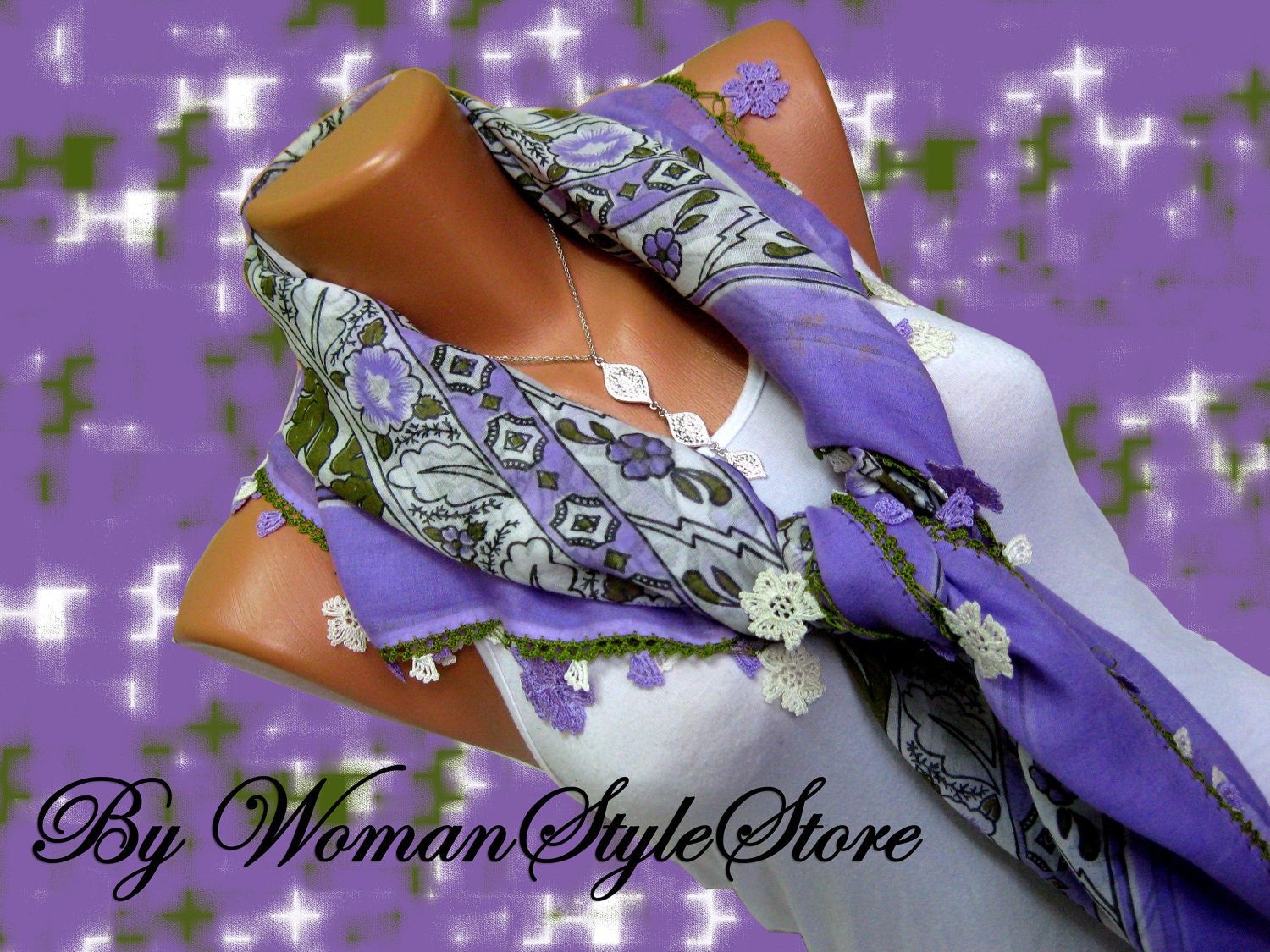 Lilac amethyst, white, green, Turkish Yemeni OYA Scarf ..bridal,scarf,authentic, romantic, elegant, fashion, personalized design...