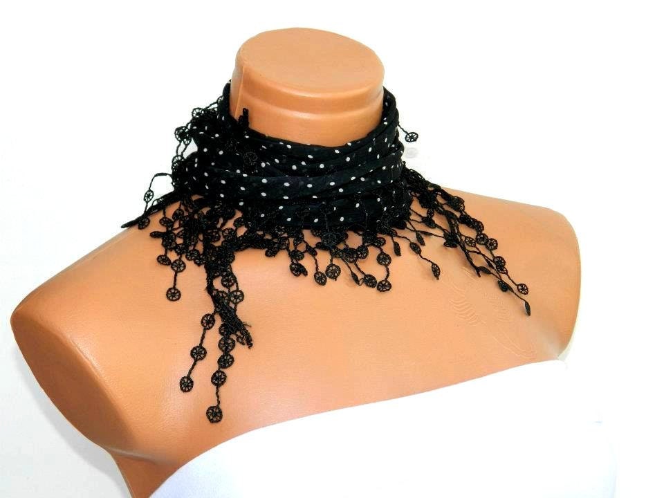 Personalized Design black and white polka-dot Scarf. Turkish Fabric Fringed Guipure Scarf .headband,wedding,bridal,authentic, romantic,