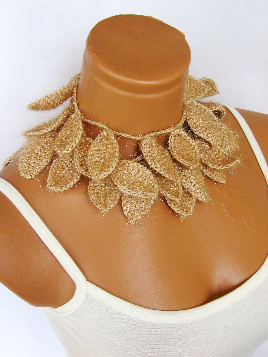 Silvery Crochet ivy, champagne, beige ivy leafs Lariat Scarf. Fashion Flower Scarves, Necklace...