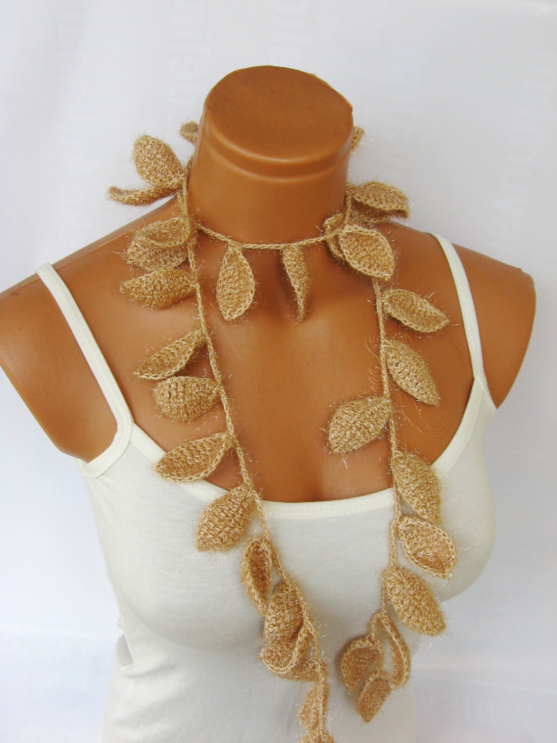 Silvery Crochet ivy, champagne, beige ivy leafs Lariat Scarf. Fashion Flower Scarves, Necklace...