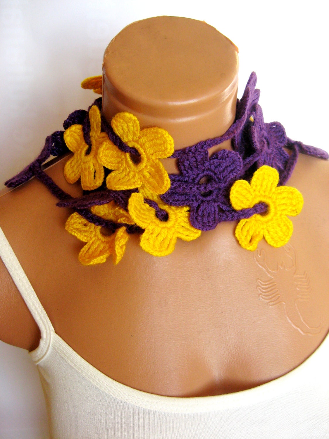 Hand made Crochet Flower Purple, Yellow, Lariat Scarf. Fashion Flower Scarves, Necklace...